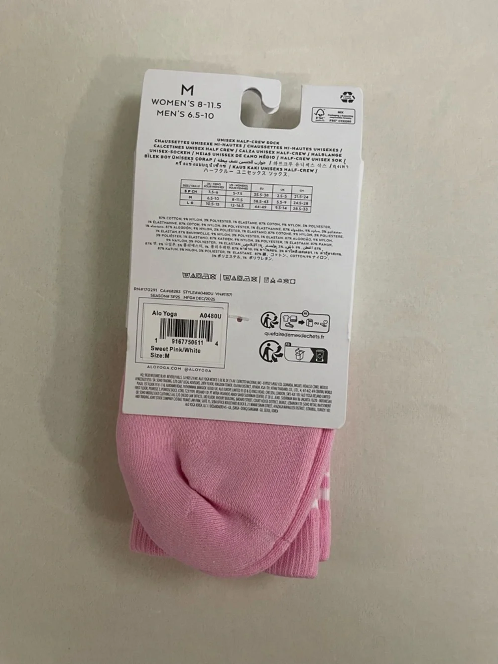 Alo NWT Unisex Half Crew Throwback Socks Sweet Pink White Size M